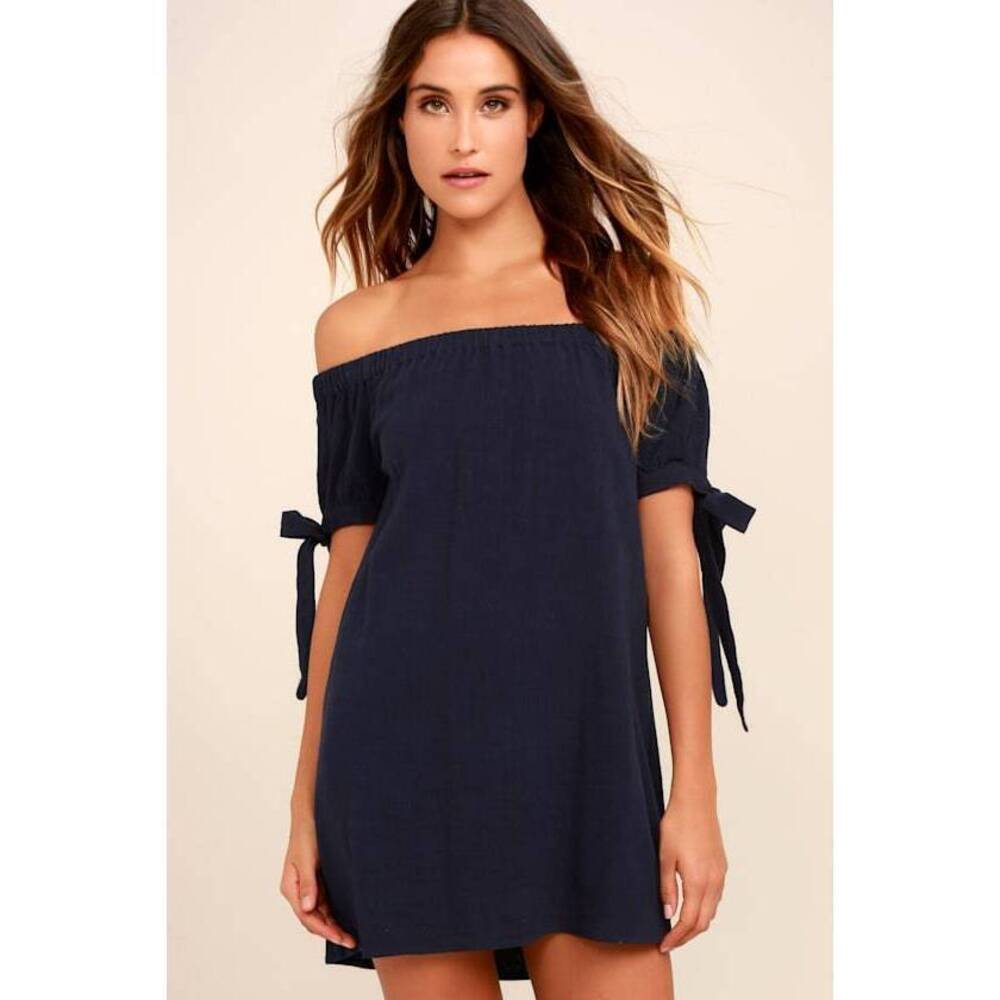 Lulus Al Fresco Evenings Navy Blue Off-the-shoulder Dress - Size X-Small